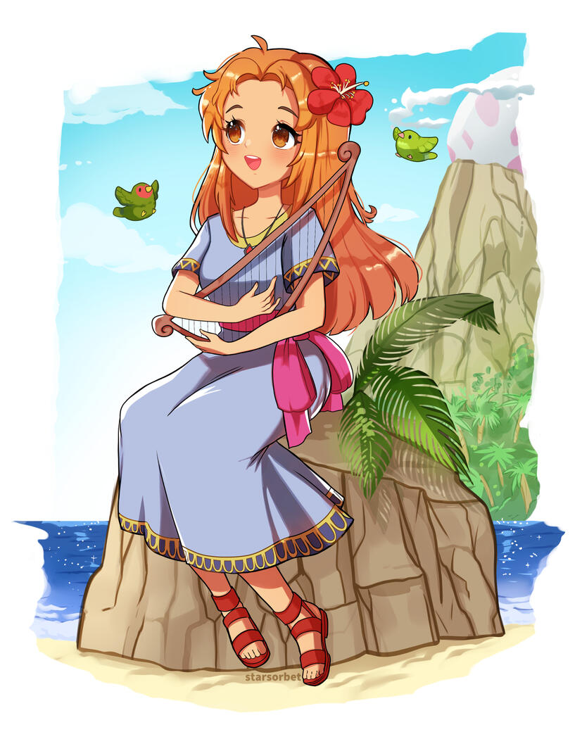 Marin from Legend of Zelda: Link's Awakening singing and playing her harp.